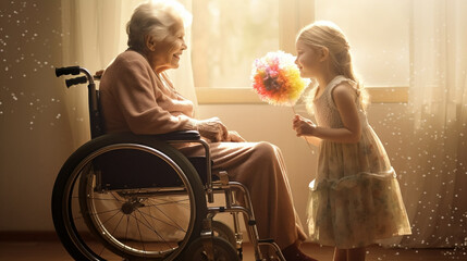 copy space, stockphoto, grandchild visiting her old grandmother in a retirement home. Grandchild visiting grandmother. Elderly retired people. Family theme. Health care. - obrazy, fototapety, plakaty