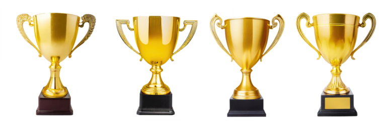Collection of golden trophy cups for first prize winning, isolated on a transparent background. PNG, cutout, or clipping path