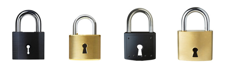 Collection of black and gold metallic padlocks, locks isolated on a transparent background. PNG, cutout, or clipping path. - obrazy, fototapety, plakaty