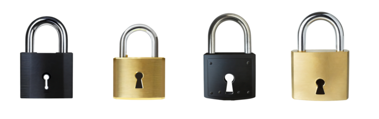 Collection of black and gold metallic padlocks, locks isolated on a transparent background. PNG, cutout, or clipping path.