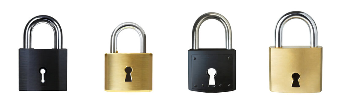 Collection of black and gold metallic padlocks, locks isolated on a transparent background. PNG, cutout, or clipping path.