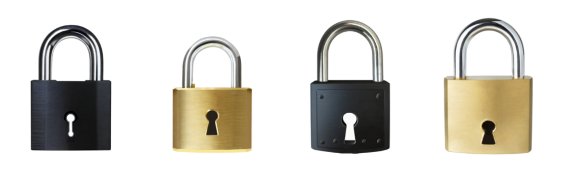 Collection of black and gold metallic padlocks, locks isolated on a transparent background. PNG, cutout, or clipping path.