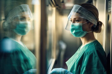 A dedicated medical professional in surgical scrubs and a face mask prepares for a life-saving procedure in a bustling hospital room, surrounded by essential medical equipment and supported by a team