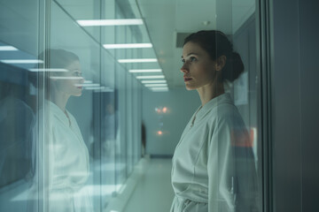 A woman clad in a white robe stands before a window, gazing at her reflection with contemplation and curiosity, surrounded by the transparency of the elevator walls and the intimate presence of human