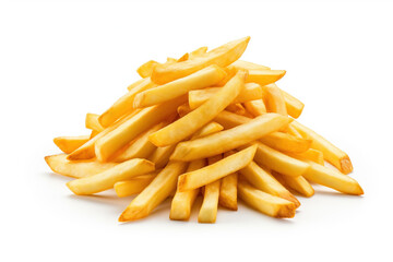 Stack of French fries, crispy and golden, a popular and delicious fast-food side dish, isolated on a white background - obrazy, fototapety, plakaty