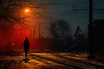 Amidst the eerie winter night, a solitary figure braves the foggy train tracks, illuminated by the distant street lights and the stark silhouette of a barren tree against the electric blue sky - Powered by Adobe