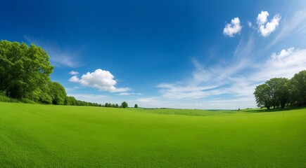 landscape with green grass and trees, landscape with grass and sky, field and sky, panoramic view off green grass field