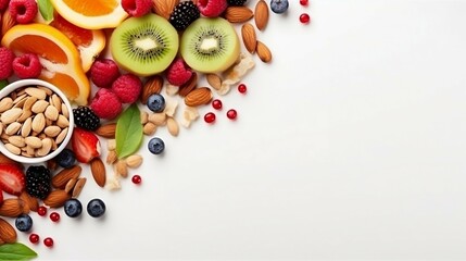 Muesli breakfast with fruits, berries, nuts on white