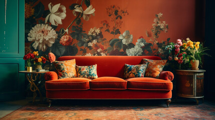 A living room with a red couch