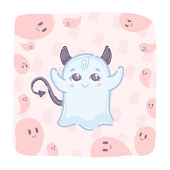 A cute ghost with devil horns and a tail, surrounded by many flying ghosts. Can be used as a Halloween card, sticker, poster.