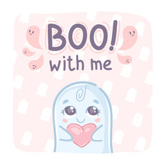 Cute ghost character in doodle style, blue, surrounded by ghosts, on a pink background. Boo with me! With calligraphic lettering. Can be used as a postcard, sticker, banner, poster.