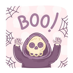 Cute skeleton character in a cape, scary, Grim Reaper, in doodle style, on a pink background with skulls and cobwebs. Suitable as a postcard, sticker, banner.
