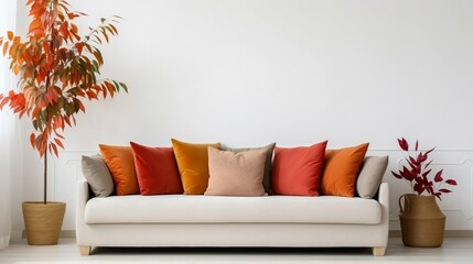 Comfy couch with orange and red pillows