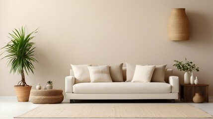 Fototapeta na wymiar Living room with beige sofa, elegant accessories, boucle rug