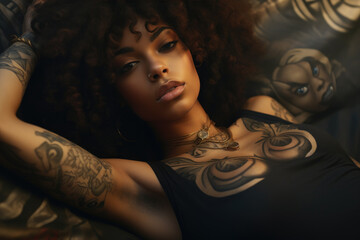 Portrait of a woman with tattoos on a black background