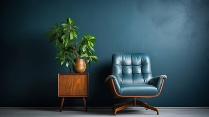living room interior with armchair on empty dark blue wall background
