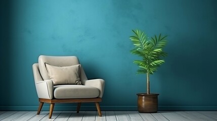 living room interior with armchair on empty dark blue wall background
