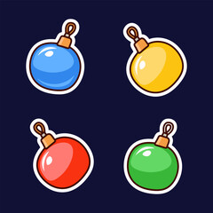 Four stickers multi-colored glass Christmas balls for New Year and Christmas on a dark blue background