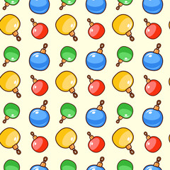 Seamless pattern of multi-colored glass Christmas balls on a beige background, wallpaper or postcard for the New Year