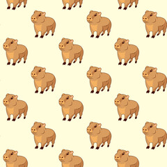 Seamless pattern of baby cute capybaras on a beige background