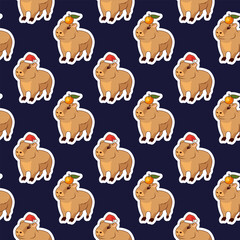 Seamless pattern of cute baby capybaras with juicy oranges and Santa Claus hats on their heads, on a blue background, New Year and Christmas card