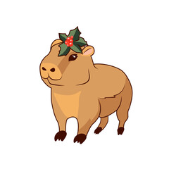 Cute baby capybara with a Christmas bouquet of mistletoe with red berries on his head stands on a white background, isolate
