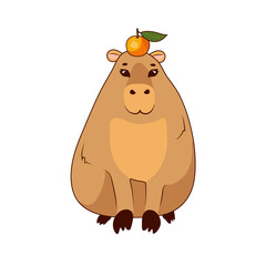 A cute capybara with a juicy fragrant orange on his head stands on a white background, isolate