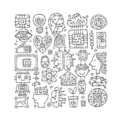 Artificial intelligence concept art. Hand drawn design elements. Square frame for your design