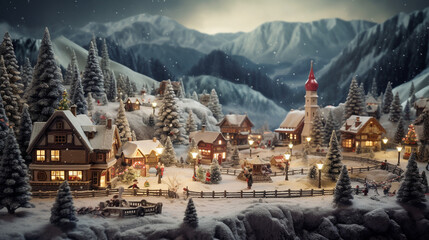 Christmas village with snow in a vintage style, Little christmas town, AI Generation - obrazy, fototapety, plakaty