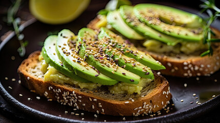 Horizontal illustration with avocado toasts with rye bread with seeds. For backgrounds, covers, banners and other projects about healthy nutrition. - obrazy, fototapety, plakaty