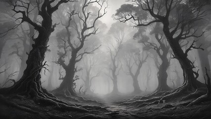 A dark and eerie forest, shrouded in mist and shadows, with gnarled trees reaching towards the sky. The only sound is the crunch of leaves underfoot as you make your way deeper into the unknown.