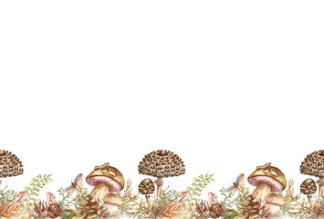 Forest seamless border. Watercolor illustration. Hand drawn dried leaves, mushrooms, berries and wild herb.. Woodland background.