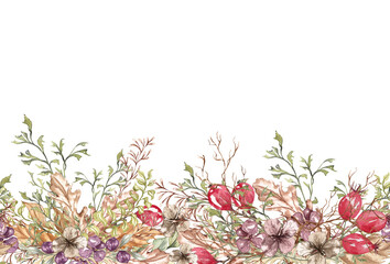 Forest seamless border. Watercolor illustration. Hand drawn dried leaves, mushrooms, berries and wild herb.. Woodland background. © BarvArt