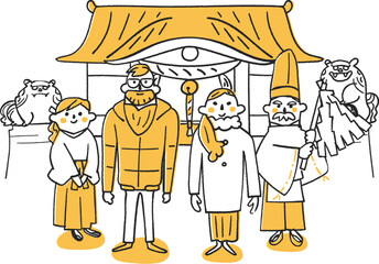 神社の前に立つ外国人観光客と神主さん　イラスト素材
