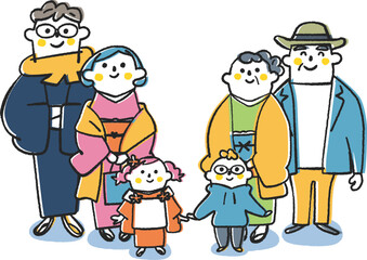 家族3世代そろって初詣　お正月の正装　イラスト素材
