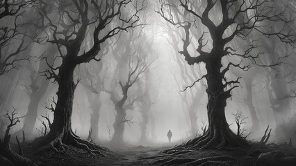 A dark and eerie forest, shrouded in mist and shadows, with gnarled trees reaching towards the sky. The only sound is the crunch of leaves underfoot as you make your way deeper into the unknown.