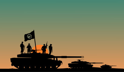 Panzer beim Sonnenaufgang mit Soldaten und Flagge mit Wolf Symbol - obrazy, fototapety, plakaty