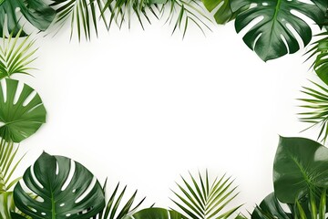 Fototapeta na wymiar Tropical serenity. Minimalist palm leaf. Nature elegance. Green leaves with white frame. Leaves of tranquility