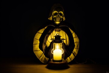 Skull-shaped lantern, dark night, glowing lantern, scary
