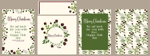 Modern universal artistic templates. Merry Christmas Corporate Holiday cards and invitations. Floral frames and backgrounds design.