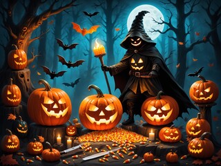 Moonlit night, Halloween, pumpkin lantern, wizard holding bonfire