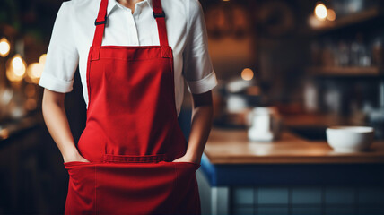 Elegant barista in white shirt and red apron stands ready in a cozy, well-lit cafe, with mugs and a rustic ambiance