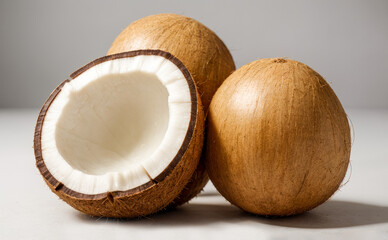 Fresh raw coconut. three coconuts, one of them open on a gray background. Coconut half