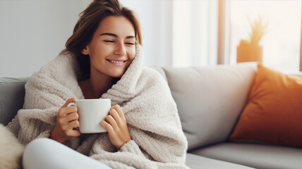 A smiling woman wrapped in a cozy blanket enjoys her coffee on a couch, with sunlight filtering through a window in the background - obrazy, fototapety, plakaty