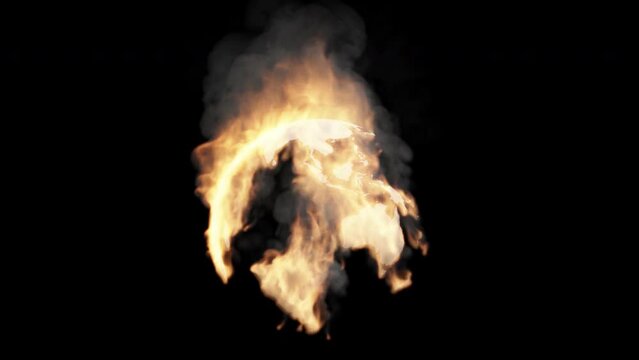 Earth on fire in loop. Bottom view. Can be used as a video texture or background for design projects, scenes, etc. 
