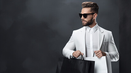 Stylish man with sunglasses holding shopping bags, exuding confidence against a dark gradient background - obrazy, fototapety, plakaty