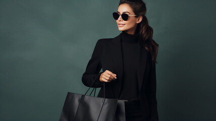 Elegant woman in black outfit with sunglasses holding a leather tote bag against a teal background