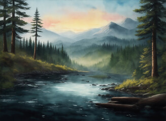 Watercolor wallpaper watercolor painting, morning in the forest with river