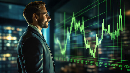 Confident businessman with glasses looking ahead, standing against a backdrop of dynamic stock market charts in a dimly lit environment