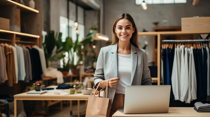 Smiling young woman with laptop in a modern clothing store, holding a beige bag, surrounded by stylish outfits and warm lighting